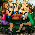 Image From Family Matters  Laura, Jason, Eric, and Rebecca having a picnic poolside.