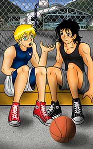 Jason and Daniel resting after a game of basketball